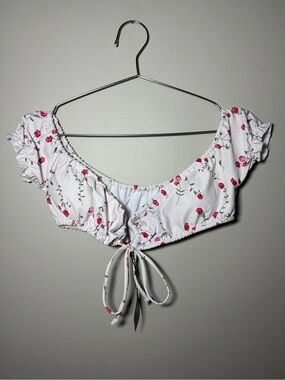 NWT Zaful White Floral Tie-Front Off-Shoulder Swim Top Size L Summer Beach Swim